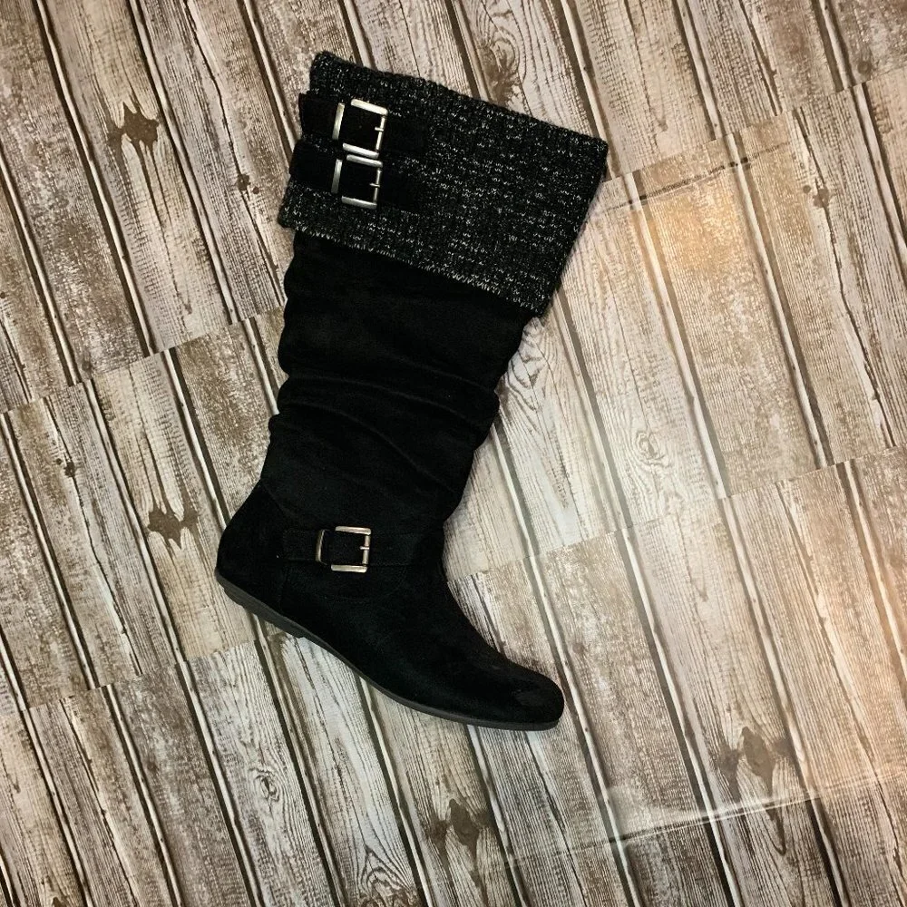 Corrinna Black Suede Buckle Boots with Sweater Cuff